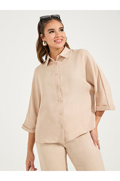 Styli قميص مريح سادة بأكمام مطوية