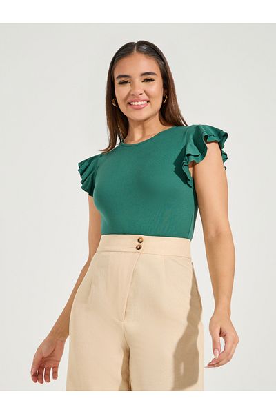 Styli Solid Round Neck Frill Sleeve Bodysuit