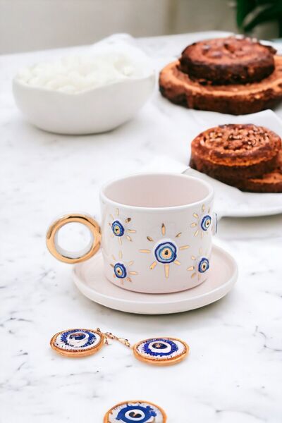 Özce Art Ceramic Atelier قهوة تركية 170 مل - كوب وصحن بنمط خرز عين الشر وتفاص...