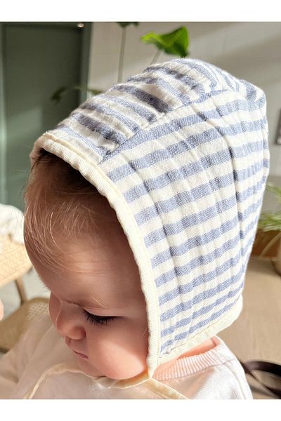 runbaby 3-9 Months Blue Striped Muslin Baby Bonnet - Double Layer and Sided