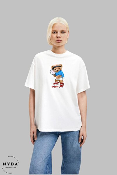 Nyda Collections Tricou oversize din bumbac unisex cu imprimeu Teddy Sportsman - Decolteu, mânecă scurtă
