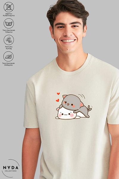 Nyda Collections Μπλουζάκι με λαιμόκοψη Unisex βαμβακερό oversize - Bubu Dudu Hugging Heart Print, κοντό μανίκι