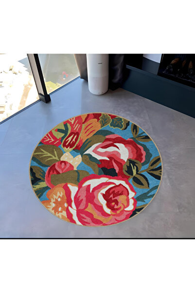 Rugs Modern Halı Multicolored Floral Rose Patterned Round Woven Base Modern D...