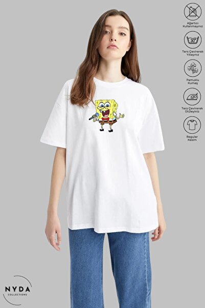 Nyda Collections Tricou unisex oversize din bumbac cu imprimeu Bob - Gât crew...