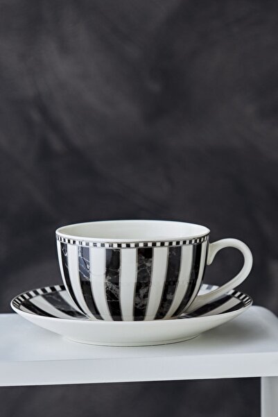 Karaca Damalı Çizgili Tek Kişilik Porselen Kahve Fincan Takımı 220 ml
