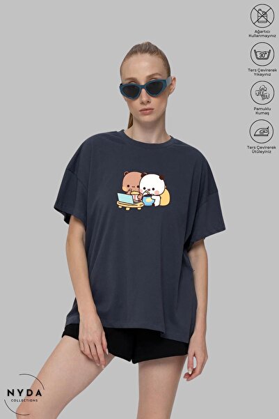 Nyda Collections Tricou oversize din bumbac unisex cu imprimeu ursuleț - decolteu, mânecă scurtă