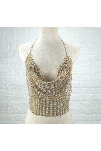 nuit dose Rhinestone Armor Croptop Jewelled, Shiny, Metal, Degaje Collar, Chain Strap Backless Bustier