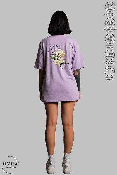Nyda Collections Μπλουζάκι Unisex Oversize Crew Neck Βαμβακερό λουλούδι Vintage εμπριμέ κοντομάνικο μπλουζάκι