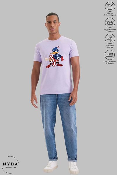 Nyda Collections Donald Duck Captain America με στάμπα Unisex βαμβακερό μπλουζάκι υπερμεγέθους - Crew λαιμόκοψη, κοντό μανίκι