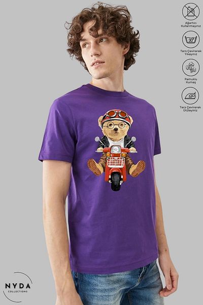 Nyda Collections Μπλουζάκι Unisex Crew Neck Motor Teddy Bear με εμπριμέ βαμβακερό κοντομάνικο μπλουζάκι