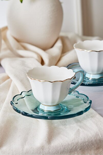 Karaca Samo Turquoise Coffee Cup Set for 2 People with Acrylic Plate 90 ml