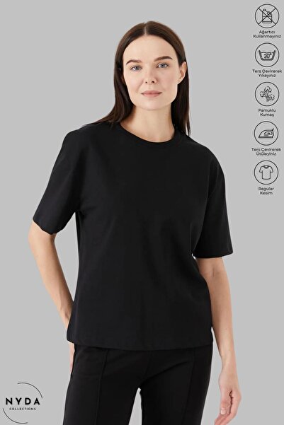 Nyda Collections تي شيرت قطني بأكمام قصيرة ورقبة دائرية كبيرة الحجم للجنسين