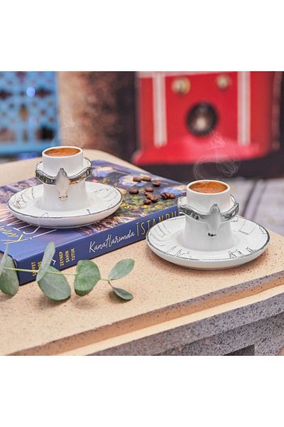 Karaca Saffet Emre Tonguç Istanbul on My Wings Set of 2 Coffee Cups with Book Gift Silver 60 ml