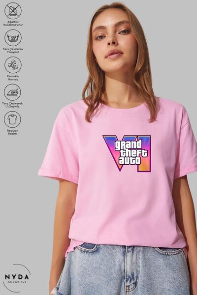 Nyda Collections Tricou cu mânecă scurtă cu imprimeu Gta 6 din bumbac cu gât ...