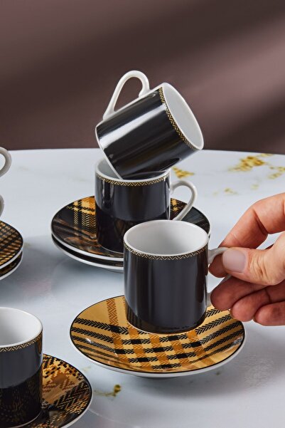 Karaca Siyah Ekoseli 6 Kişilik Kahve Fincan Takımı 80 ml