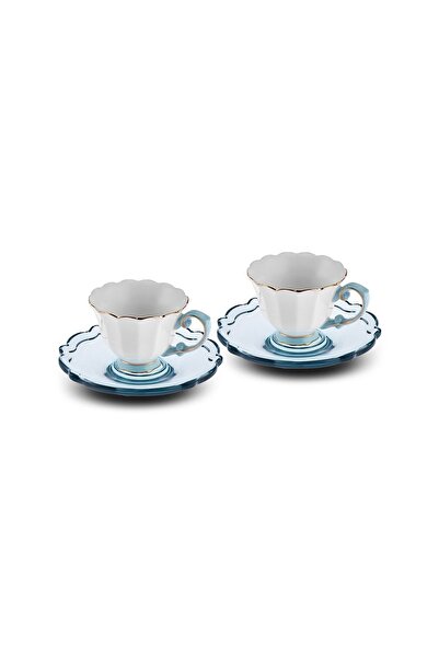 Karaca Samo Turquoise Coffee Cup Set for 2 People with Acrylic Plate 90 ml