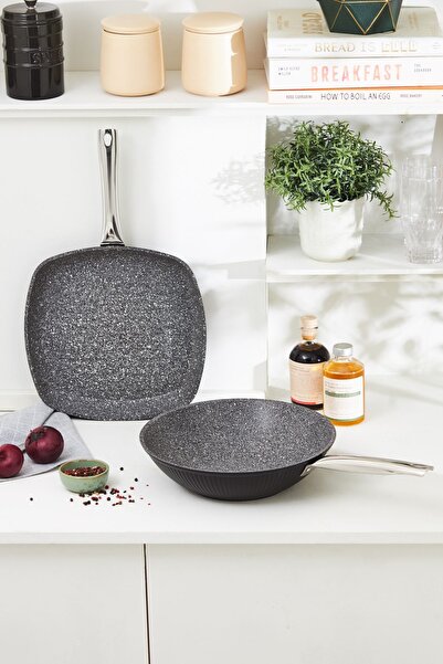 Karaca Biogranit Leona Wok Grill Set 28 Cm Siyah