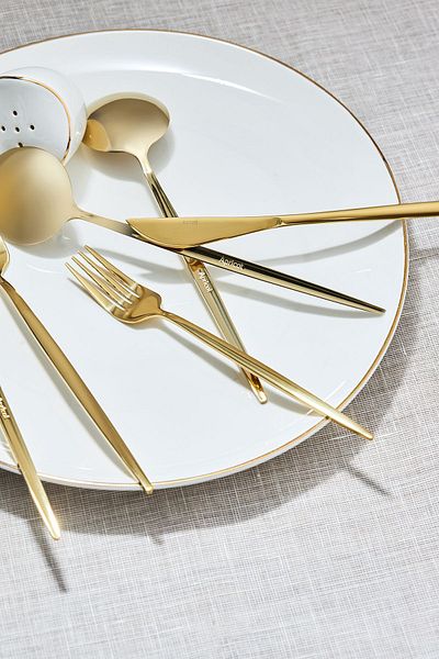 Apricot Faro 24 Pieces 6 Person Fork Spoon Knife Boxed Shiny Gold