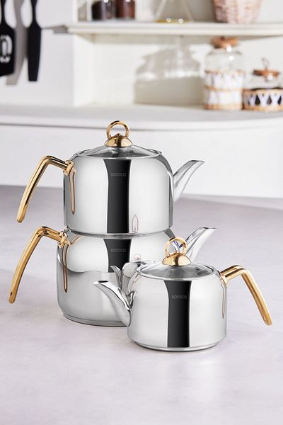 Karaca Gold Tres 3-Piece Induction Base Teapot Set Gold Stainless Steel