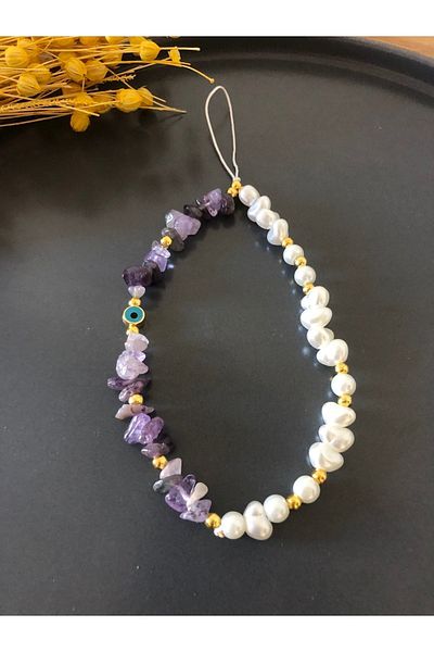 Stoneday Amethyst Purple Natural Stone Evil Eye Bead Detailed Pearl Phone Strap Charm Accessory Rope