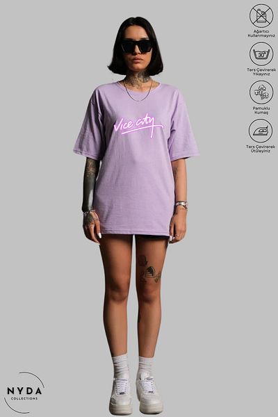 Nyda Collections Μπλουζάκι Vice City Printed Unisex Cotton Oversize - Crew Neck, κοντό μανίκι