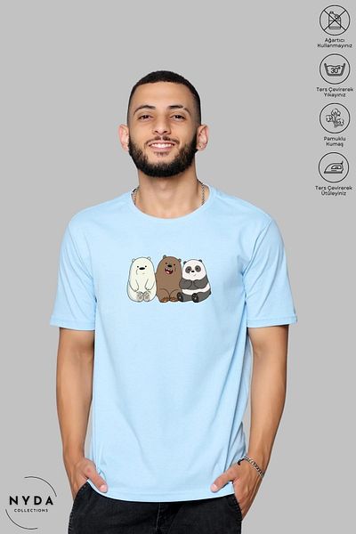 Nyda Collections Унисекс тениска с кръгло деколте We Bare Bears с щампа на голям размер с къс ръкав