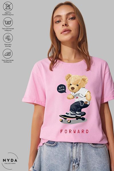 Nyda Collections Μπλουζάκι Unisex Crew Neck Teddy Bear με εμπριμέ βαμβακερό κοντομάνικο μπλουζάκι