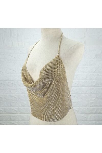 nuit dose Rhinestone Armor Croptop Jewelled, Shiny, Metal, Degaje Collar, Chain Strap Backless Bustier
