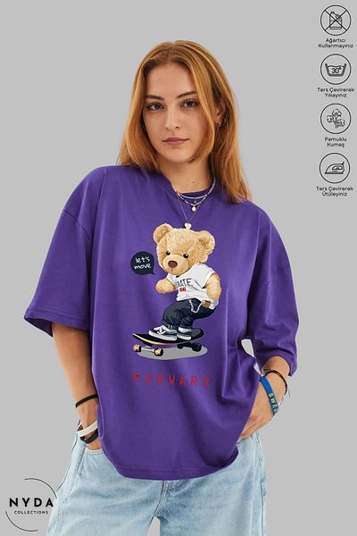 Nyda Collections Μπλουζάκι Unisex Crew Neck Teddy Bear με εμπριμέ βαμβακερό κοντομάνικο μπλουζάκι