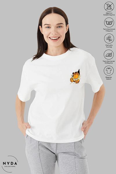 Nyda Collections Tricou unisex cu mânecă scurtă cu imprimeu Garfield, bumbac, cu decolteu triplu