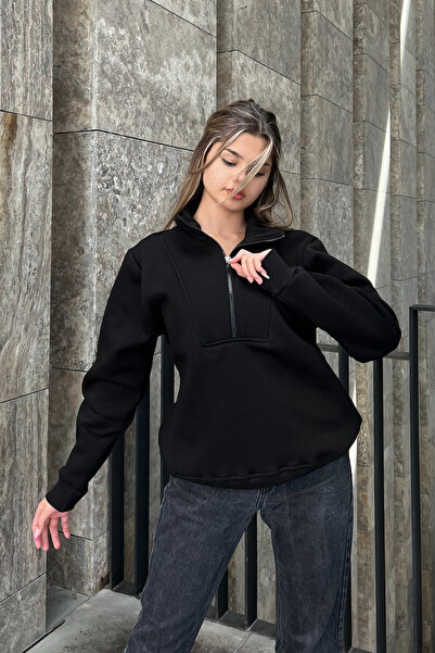 la & vetta Oversize Black Sweatshirt - Zipper Detailed