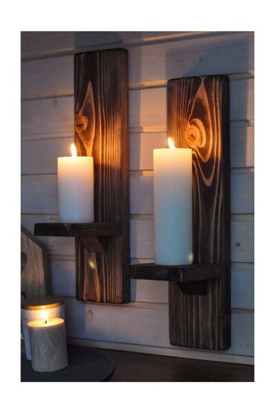 dekomar Mum Tarzı Masif Ahşap Mum Apliği Tek Adet