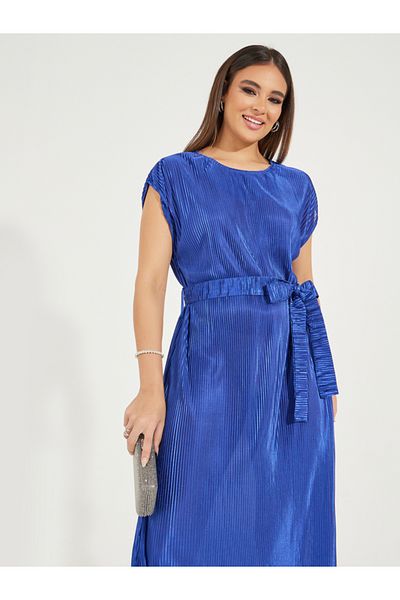 Styli Plisse Cap Sleeves Shift Midi Dress