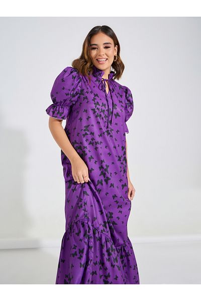 Causey By Styli All Over Butterfly Print Tie-Up Neck Maxi Dress