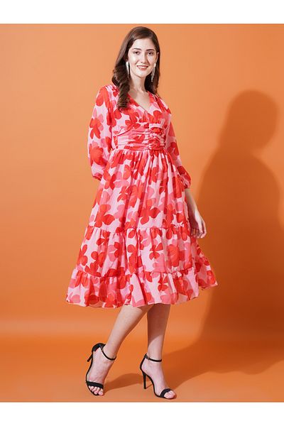 U&F By Styli Floral Print V Neck Tiered Midi Dress