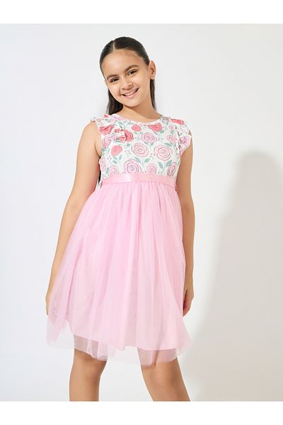 Styli Floral Print Ruffle Mesh Hem Dress