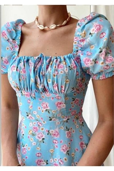 Afiş Butik Floral Patterned Dress with Chest Detail