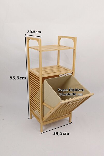 Milonsa Bambu Çamaşır Sepetli Raf 2 Raflı Doğal Ahşap Bambu Banyo Rafı Banyo Düzenleyici Kirli Sepeti