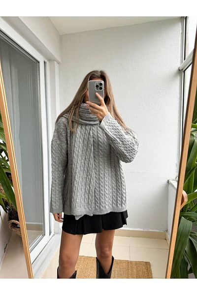 İLKCET MODA سترة تريكو ووشاح سميك - تفاصيل جديلة الشعر