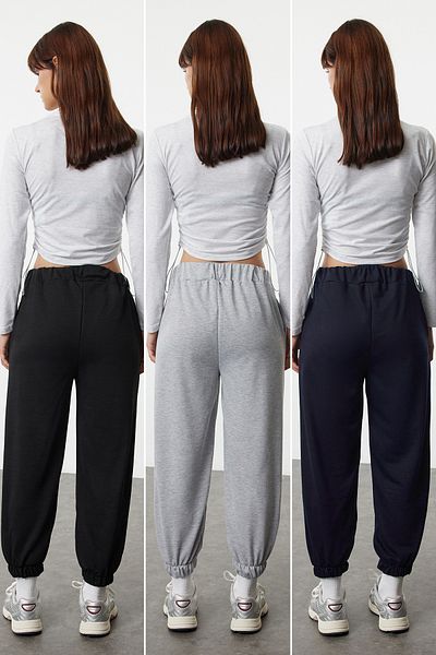 Trendyol Collection Μαύρο-Ναυτικό-Γκρι μελανζέ 3 Πακέτο Basic Jogger Stretchy πλεκτό παντελόνι φούτερ TWOAW25EA00022