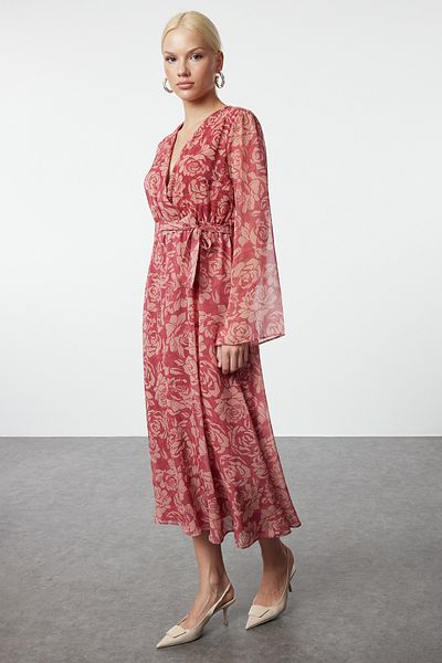 Trendyol Collection Rochie maxi din șifon, în formă de A, cu imprimeu floral burgundă, cu căptușeală la gât dublu TWOAW25EL00251