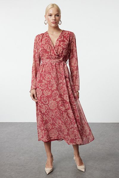 Trendyol Collection Rochie maxi din șifon, în formă de A, cu imprimeu floral burgundă, cu căptușeală la gât dublu TWOAW25EL00251