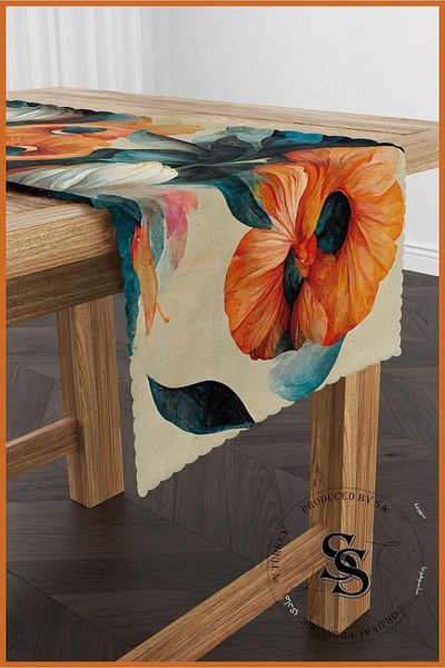SasoHome Digital Printed Decorative Runner with Modern Table Orange Flowers Pattern