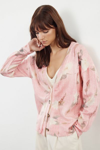 Trendyol Collection Soft Textured Pink Knitwear Cardigan - Twoaw25Hi00308 with Print Detail
