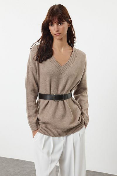 Trendyol Collection Pulover din tricotaje din nurcă cu textura moale - cu centură TWOAW25KZ00054