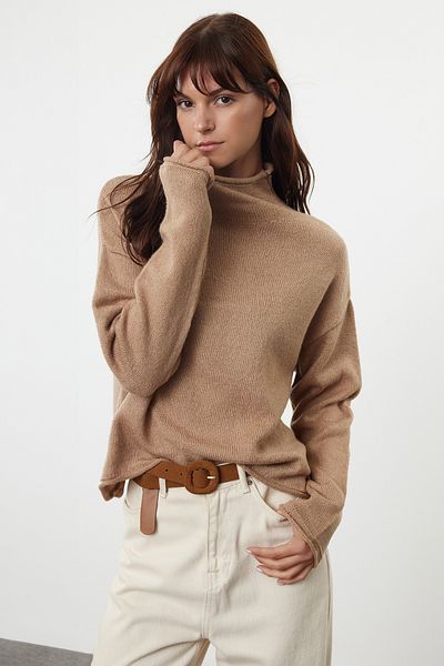 Trendyol Collection Mink More Sustainable - Pulover tricotat cu guler în picioare cu tăietură largă TWOAW25KZ00306