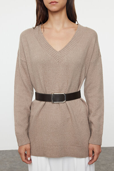 Trendyol Collection Svetr z norkového úpletu Wide Fit s měkkou texturou – Belted Twoaw25Kz00054