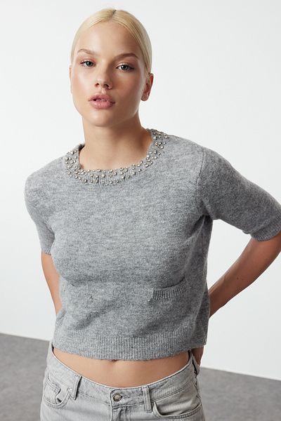 Trendyol Collection Stone Embroidered Gray Knitwear Sweater - Wool Collar Twoaw25Kz00125