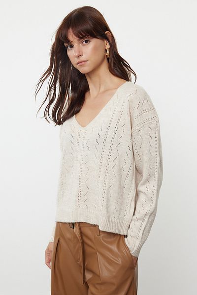 Trendyol Collection Beige Perforated Soft Knitwear Sweater - TWOAW25KZ00210