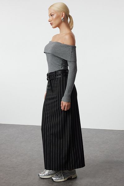 Trendyol Collection Carmen Collar Gray Knitwear Sweater - Premium Yarn TWOAW25KZ00079